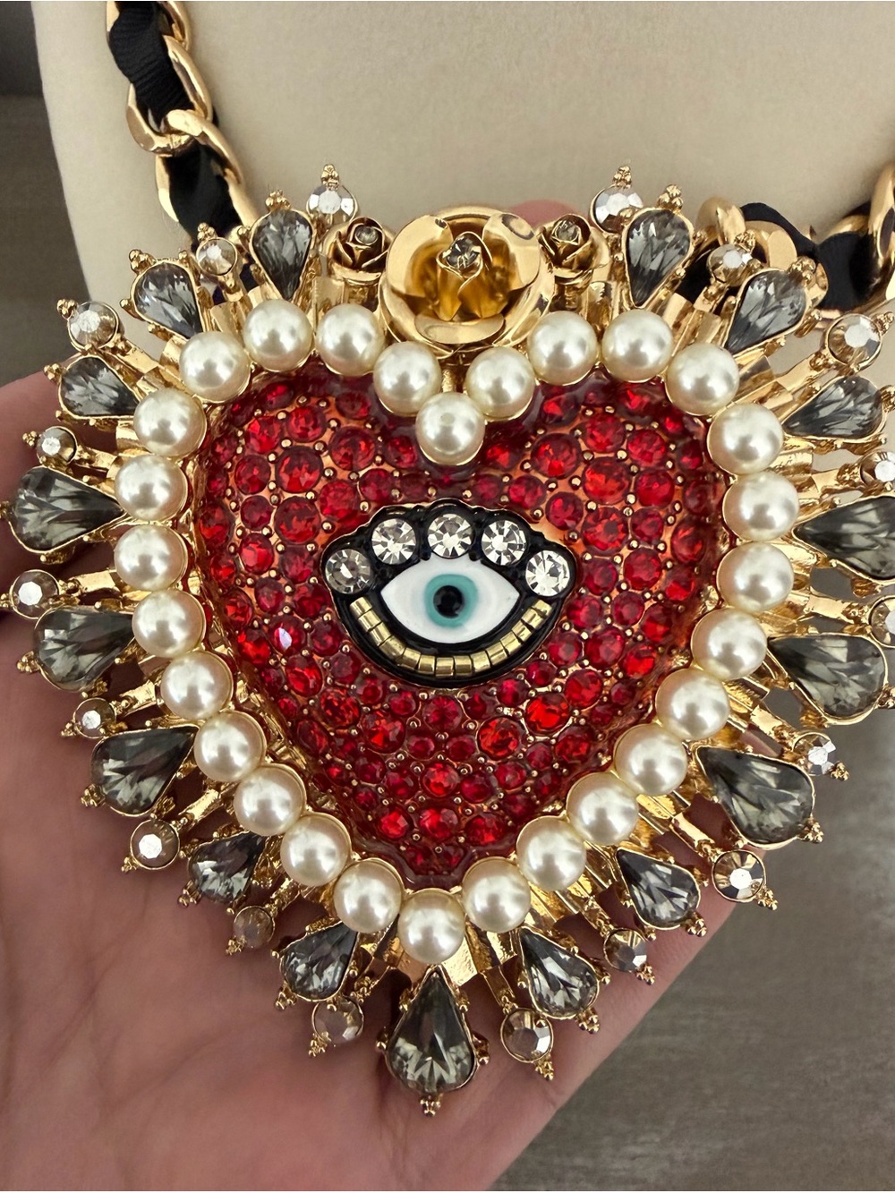 Betsey Johnson Rockin Riches Red Heart Evil Eye Pendant Statement Necklace - Picture 5 of 11